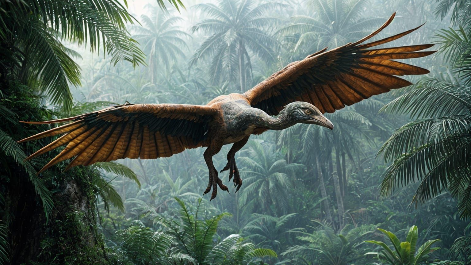 Archaeopteryx flying in a tree fern forest in Gondwana  by @Athanasius