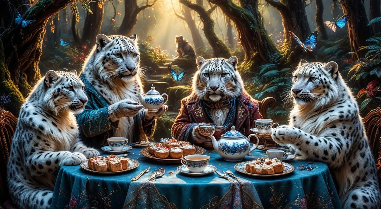 A family of snow Leopards wearing Victorian-era clothing