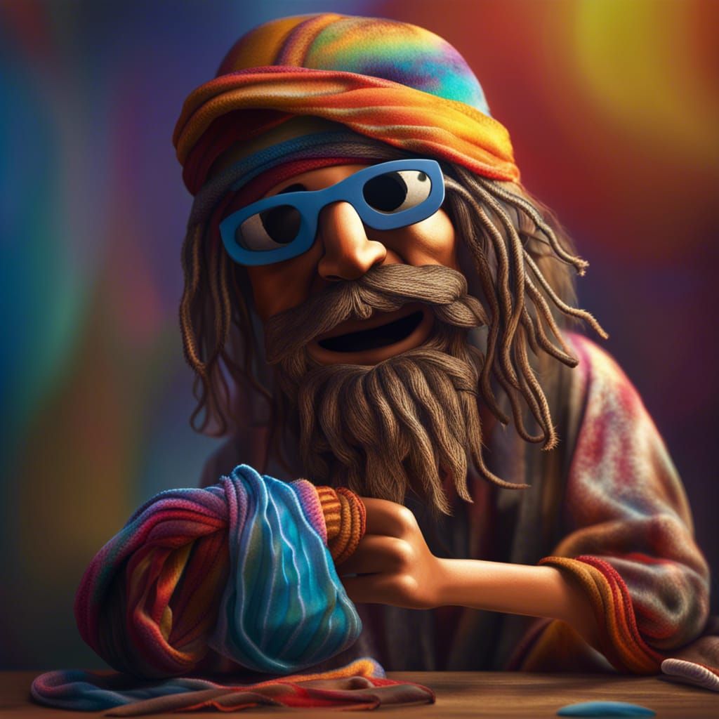 hippie making a sock puppet