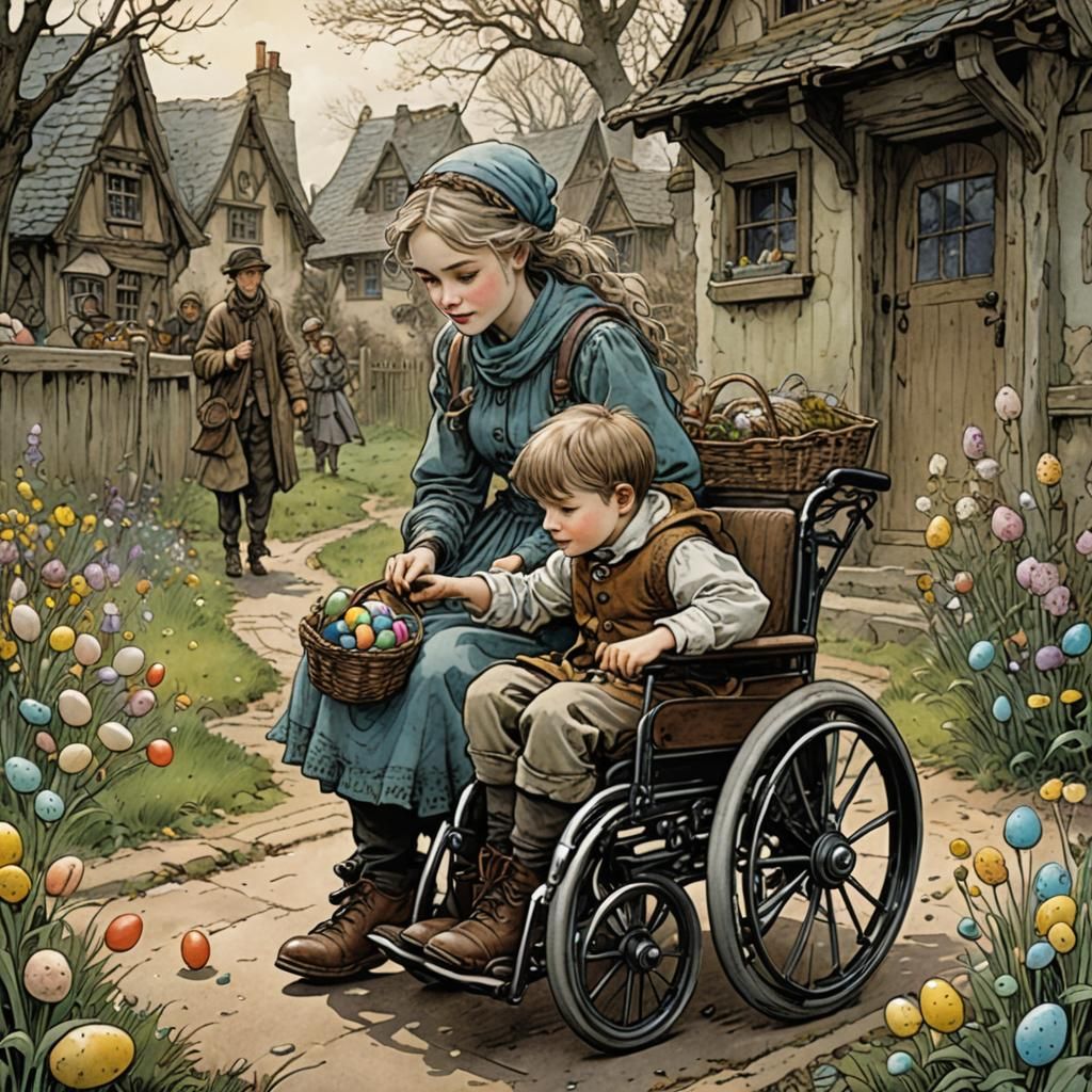 Cute little girl pushes a cute little boy in a wheelchair and looks for Easter eggs together, by Posuka ...  by @Tina auf der Blumenwiese