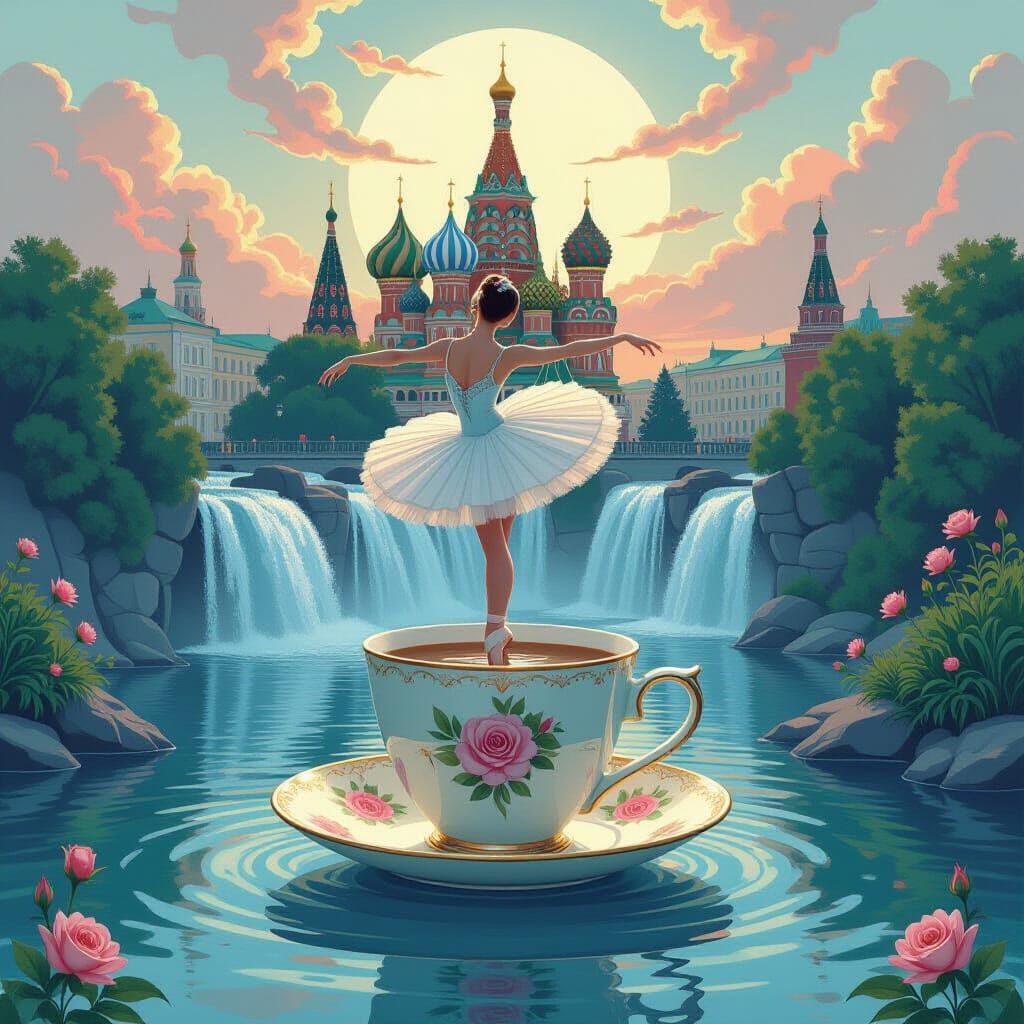 Moscow in my dreams. Ballet emerges from the ceramic cup in which the waterfall is placed. Logo with italic and bold text Сегодня вечером я ...