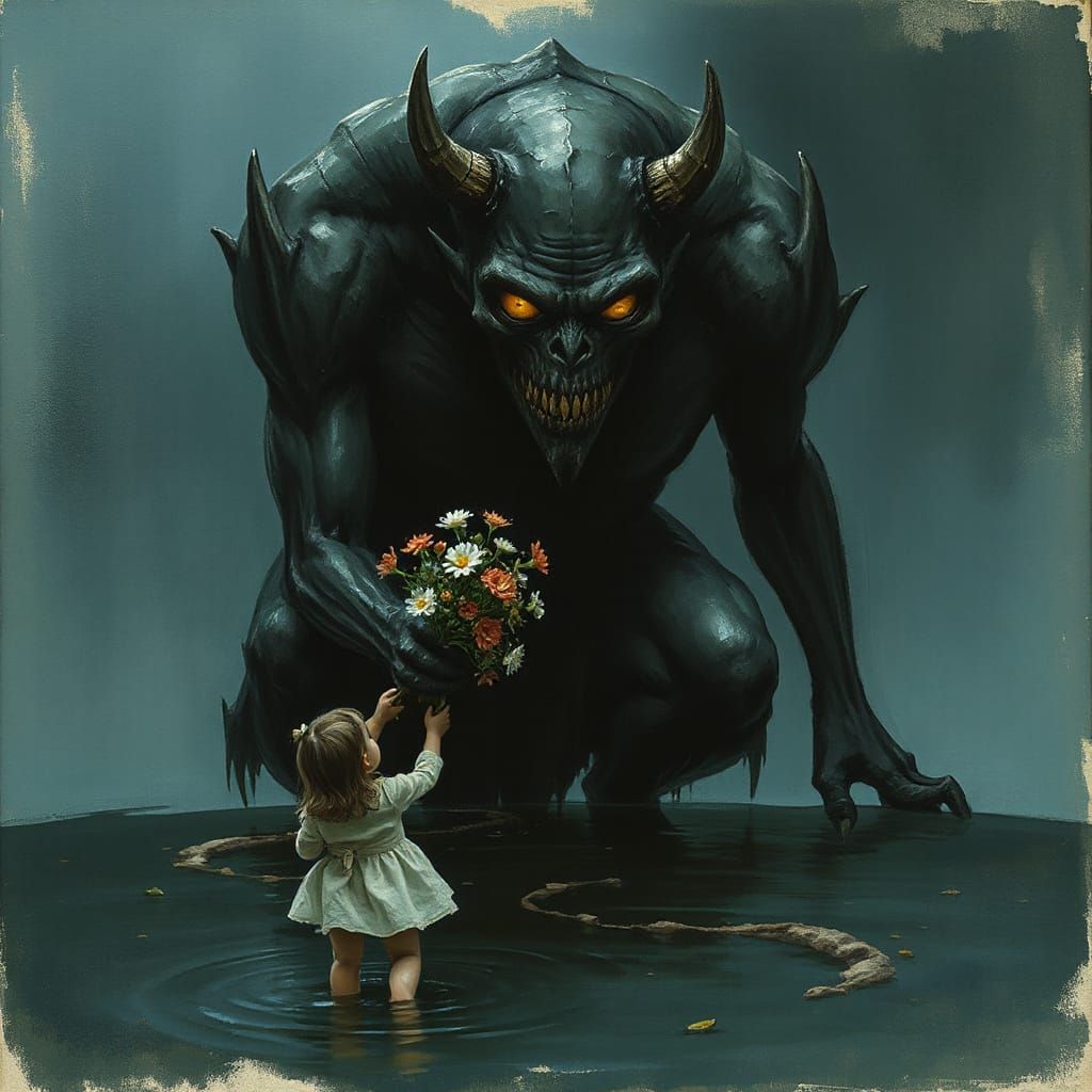 a dark, ominous huge demon figure, knee-deep in a mysterious lake, handing a bunch of flowers to a girl. ...  by @Eclectic shambles