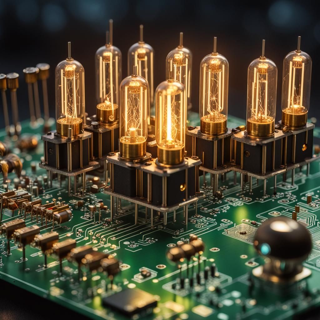 Really old, antique 1970s, photorealistic, ultra detailed, big transistor tubes on a circuit board with ...  by @1ENIGMA