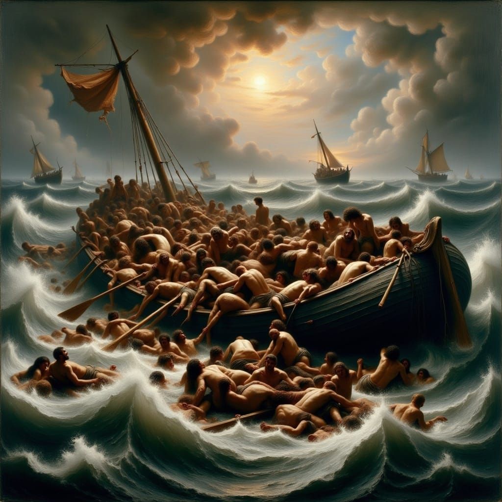 the raft. hyperdetailed academic art oil painting romantic movement rendition of "the raft of the medusa" famous 1818 painting by théodore g...