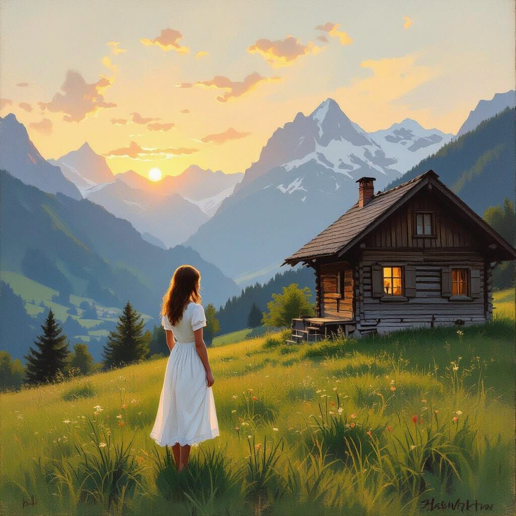 Girl in White Dress Longs for Lover by Swiss Mountain Cabin