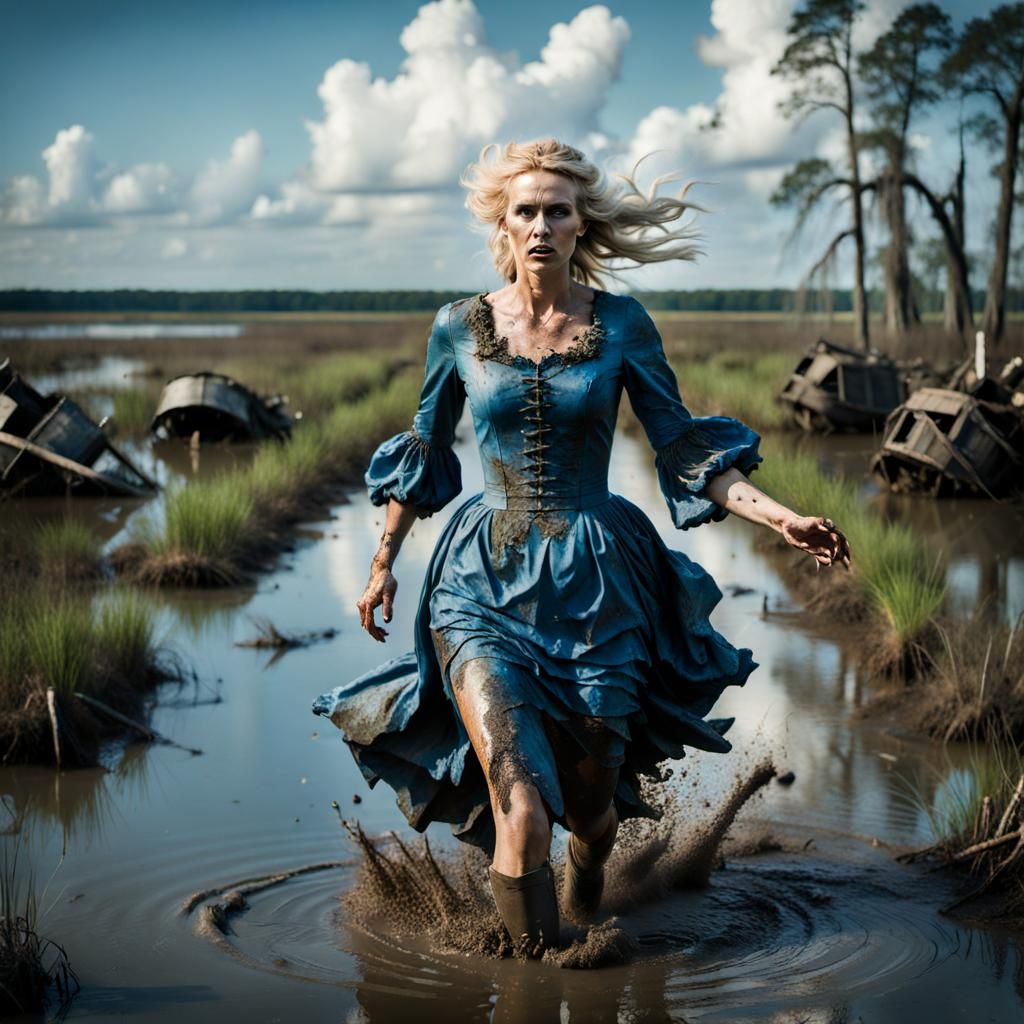 Woman wearing blue rococo dress running for her life through a muddy swamp