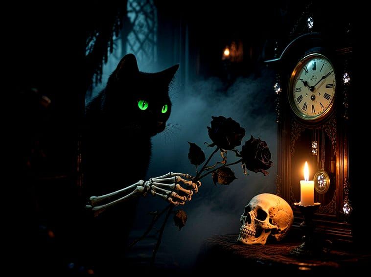 10/18/2025-5 Word Prompt Black Cat, Skull, Flowers, Clock, a...