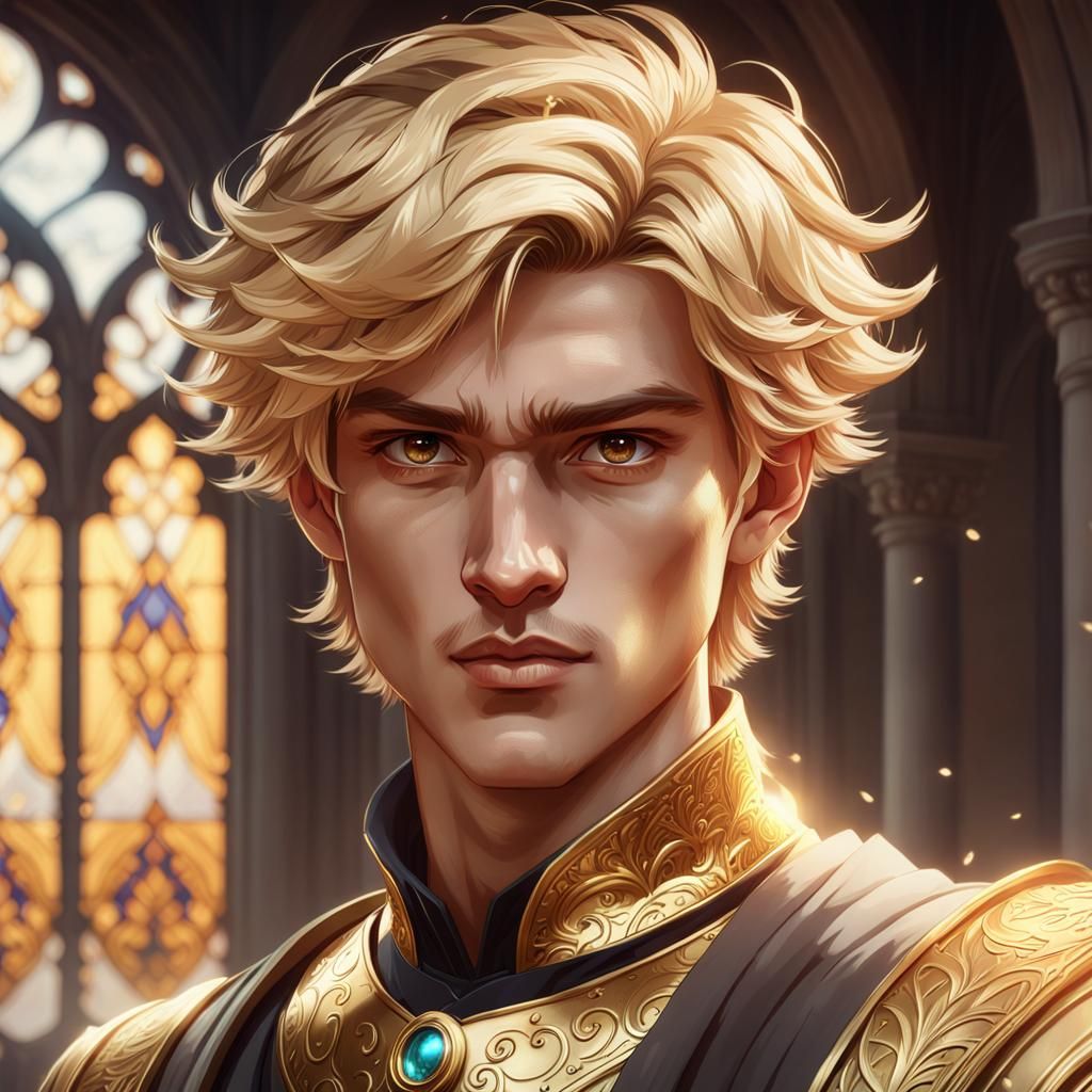 a teenage prince with short blond hair has brown eyes and wears golden ...