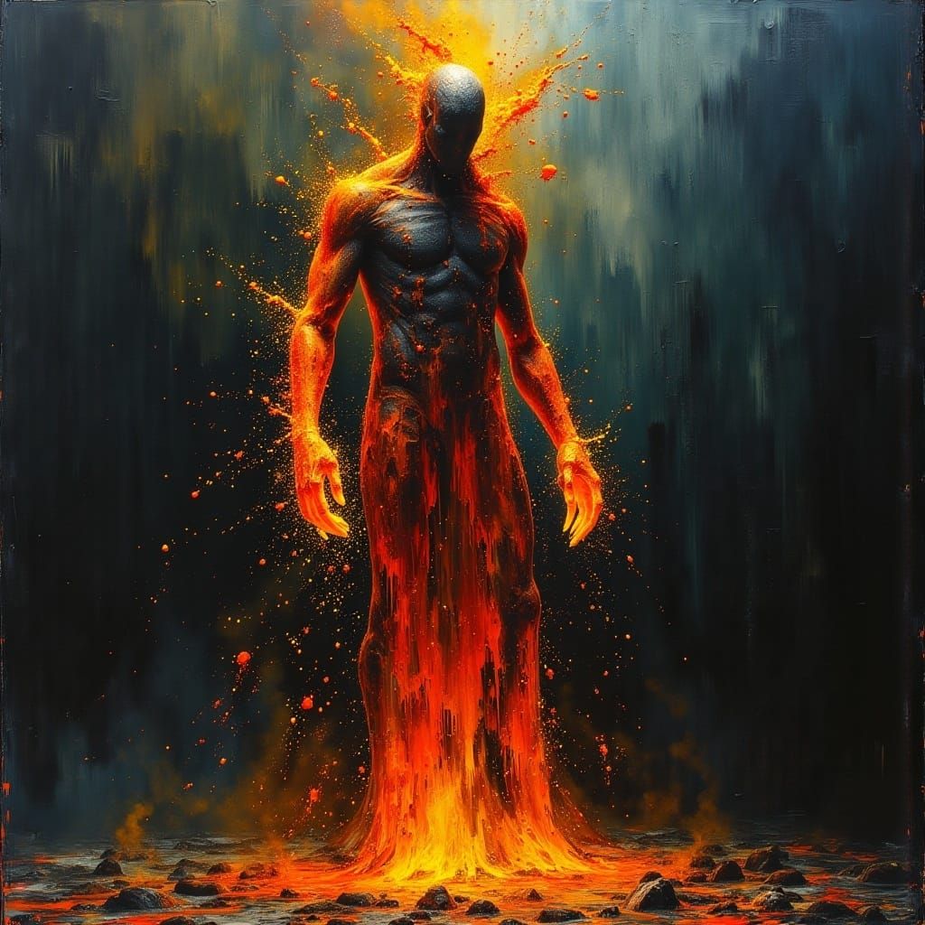 <lora:MJ6 Dark Oil Paint:1.0> Inferno, the Flame Fiend: A living inferno that devours everything in its path, leaving behind only ash and em...