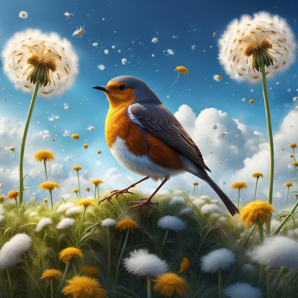 Beautiful robin bird, White clouds, blue sky, dandelion flow...