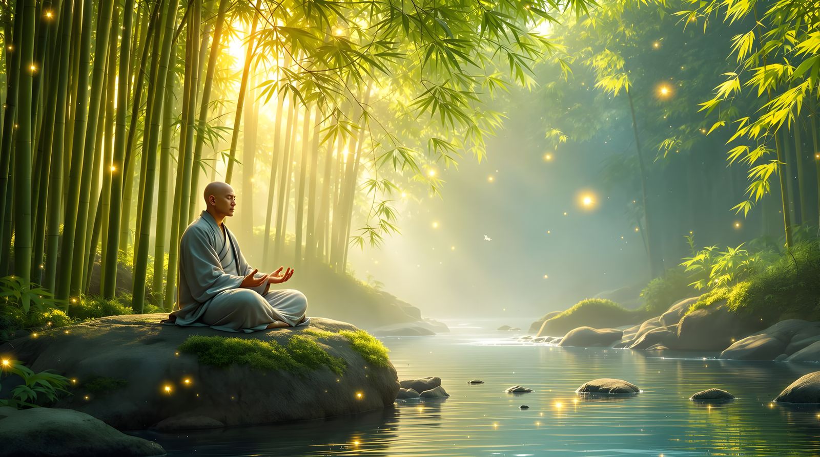 Monk meditating in a bamboo forest  by @Evan Fischer