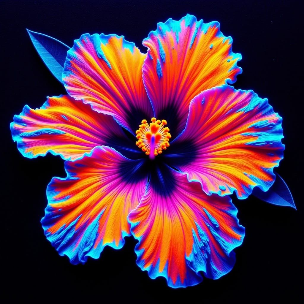 <lora:Blacklight nocturne:1.0> blacklight vibrant oil on canvas. A blacklight hibiscus flower with hyper detail