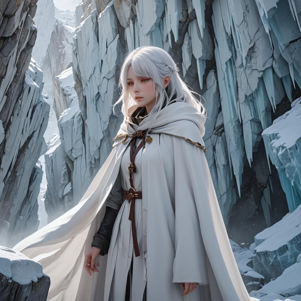 A white-haired girl in a white cloak despairs in front of an...