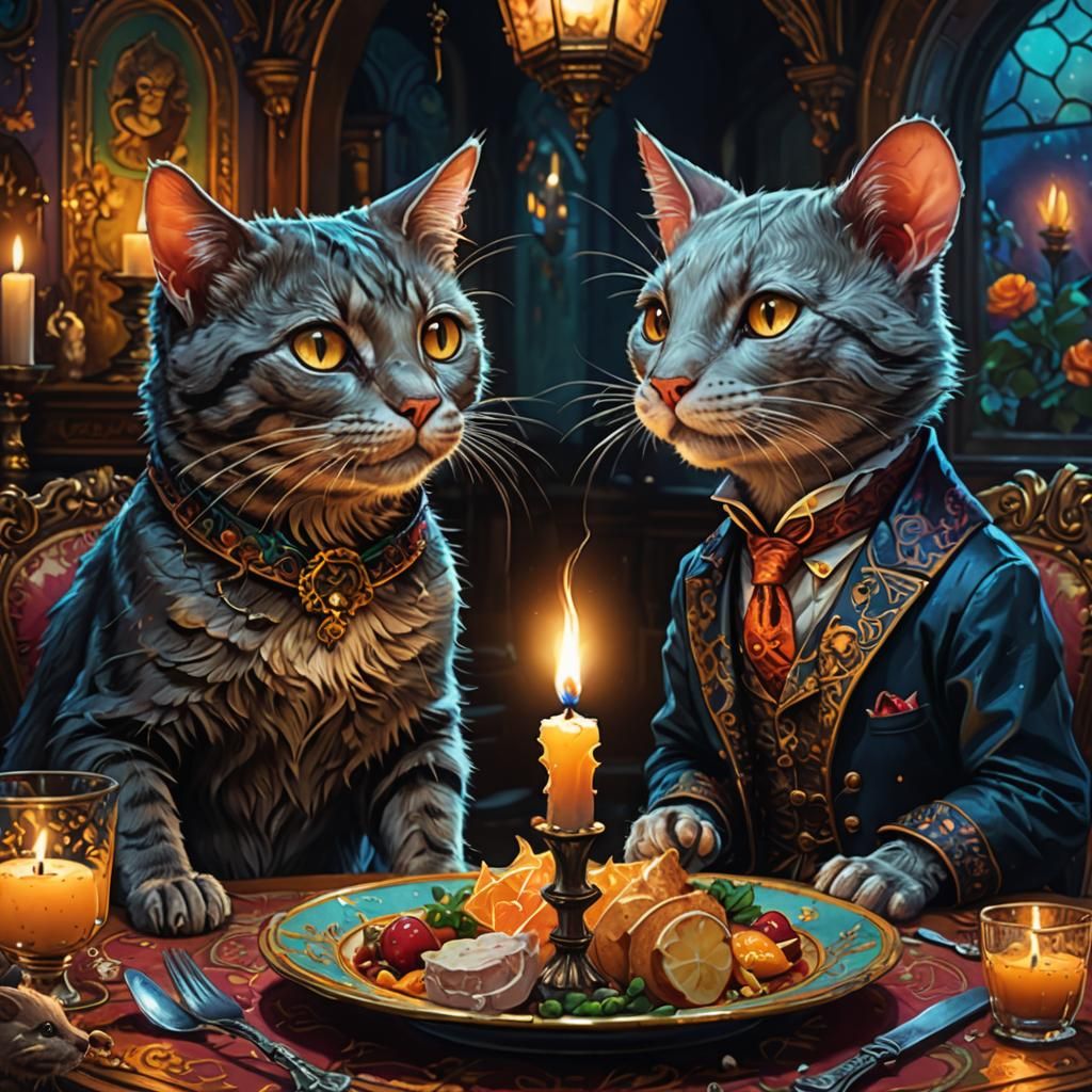 "A cat and a rat  having a candle lite dinner together" "car...