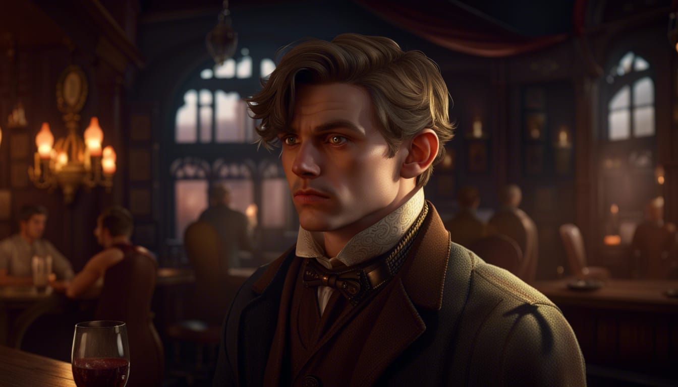 Emmett, handsome young man in a Victorian tavern, mysterious...