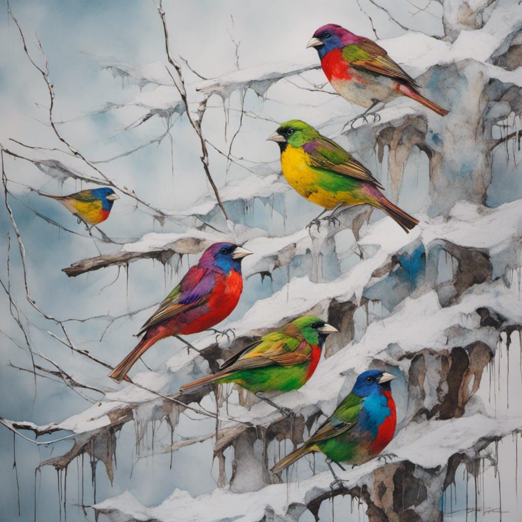 <lora:Woodsplash:1.0> painted buntings perched on a snow cov...
