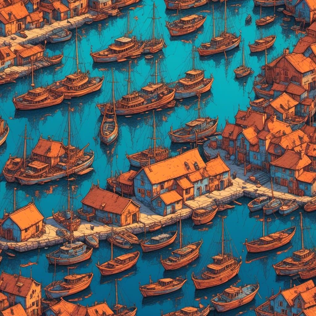 Drone view of a fantasy harbour full of boats. Beautiful landscape, sunset. <lora:Neon Roast:1.0> Orange & blue 