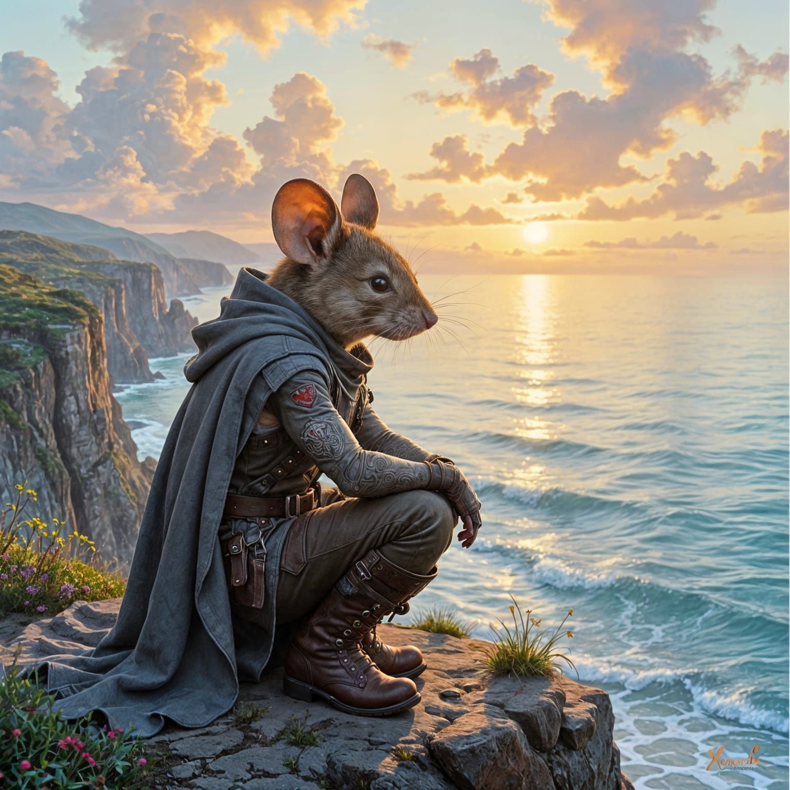 a highly detailed anthropomorphic mouse with tattooed arms, in worn clothes, a gray cloak on his back ...  by @Zhopen