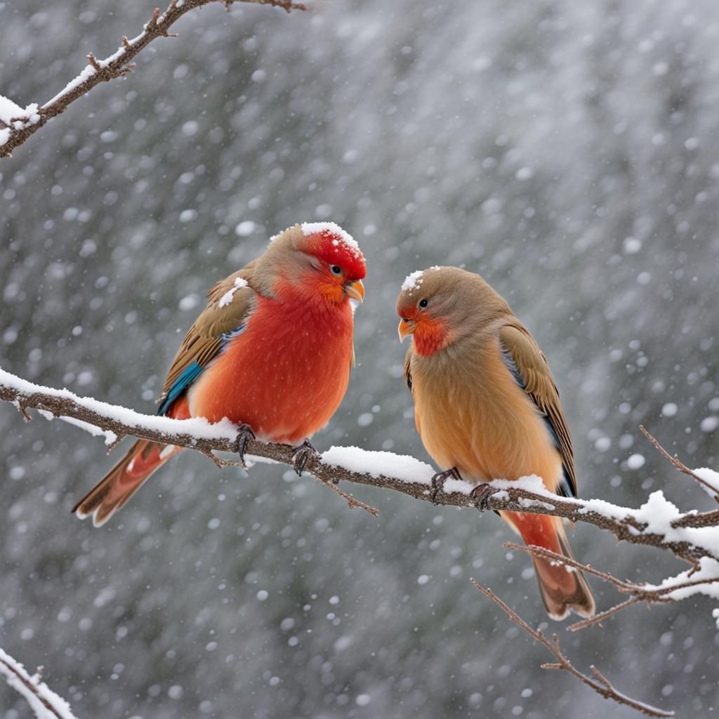 Love birds, in the snow