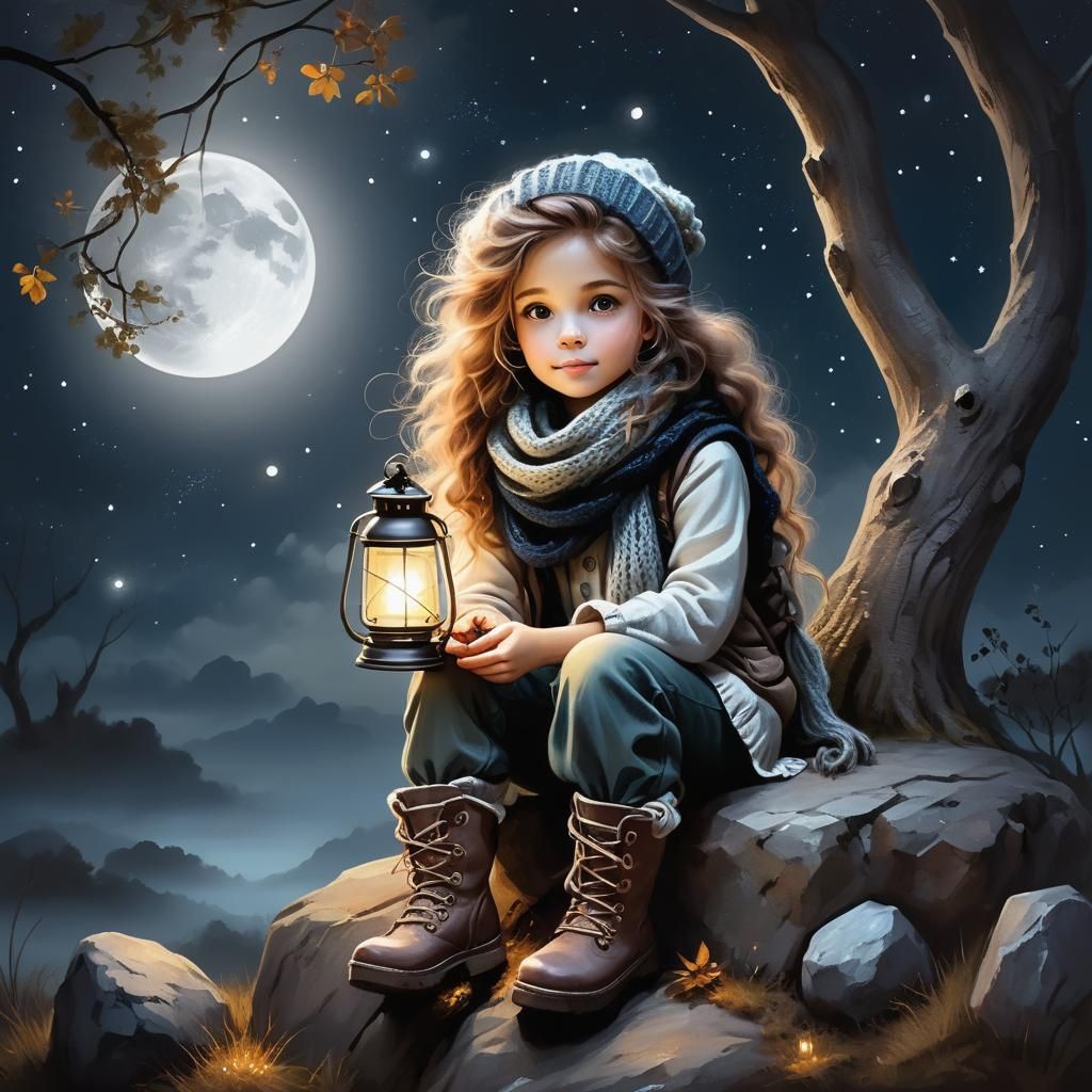 A cute little ethereal girl with untamed hair, knitted scarf and cap, boots and pants, perfect face, innocent look, holding a lantern in her...