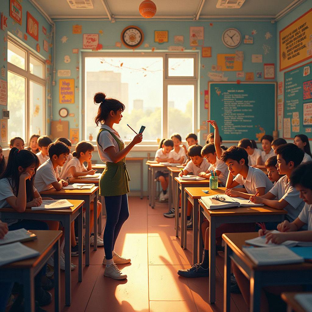 

"Create an illustration of a lively classroom setting with...