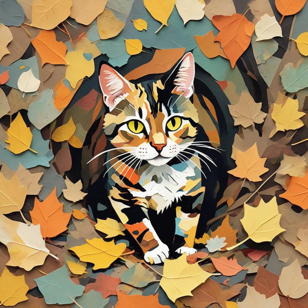 Fall paper collage with stray cat 
Fall paper collage art by...
