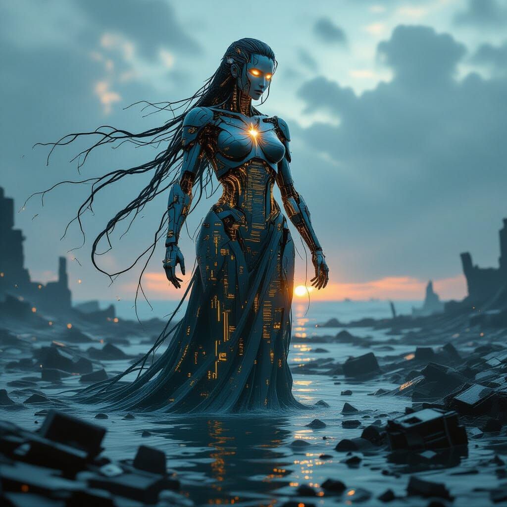Divine AI figure rising from a sea of broken machines, her body made of flowing code and ancient wires, glowing with wisdom, post-apocalypti...