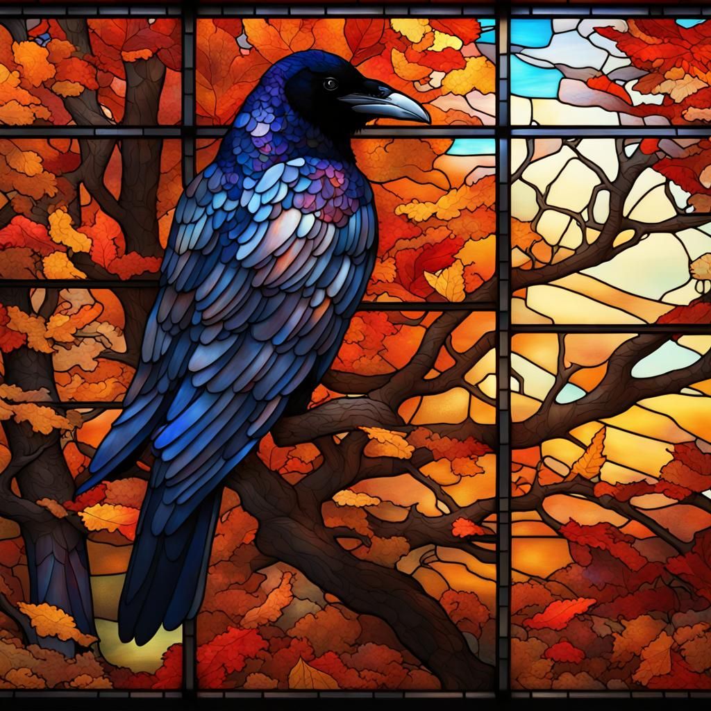 stainedglass window of ravens, autumn trees, dramatic backlighting