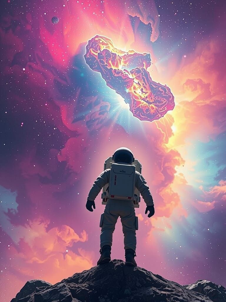 A lone astronaut adrift in a vibrant, swirling nebula, reaching out towards a distant, luminous galaxy. Stardust particles glitter around th...