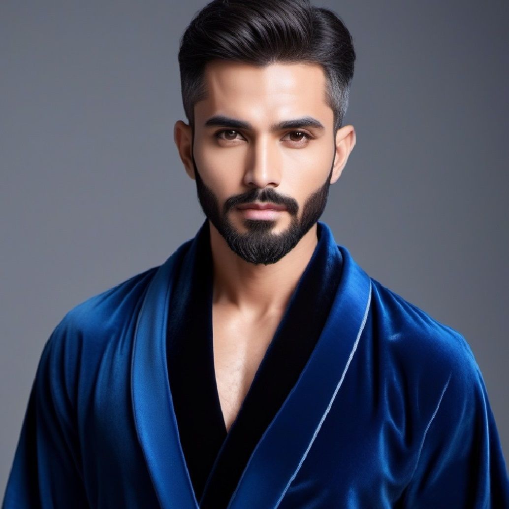 A handsome  bearded man wearing a   blue velours   bathrobe