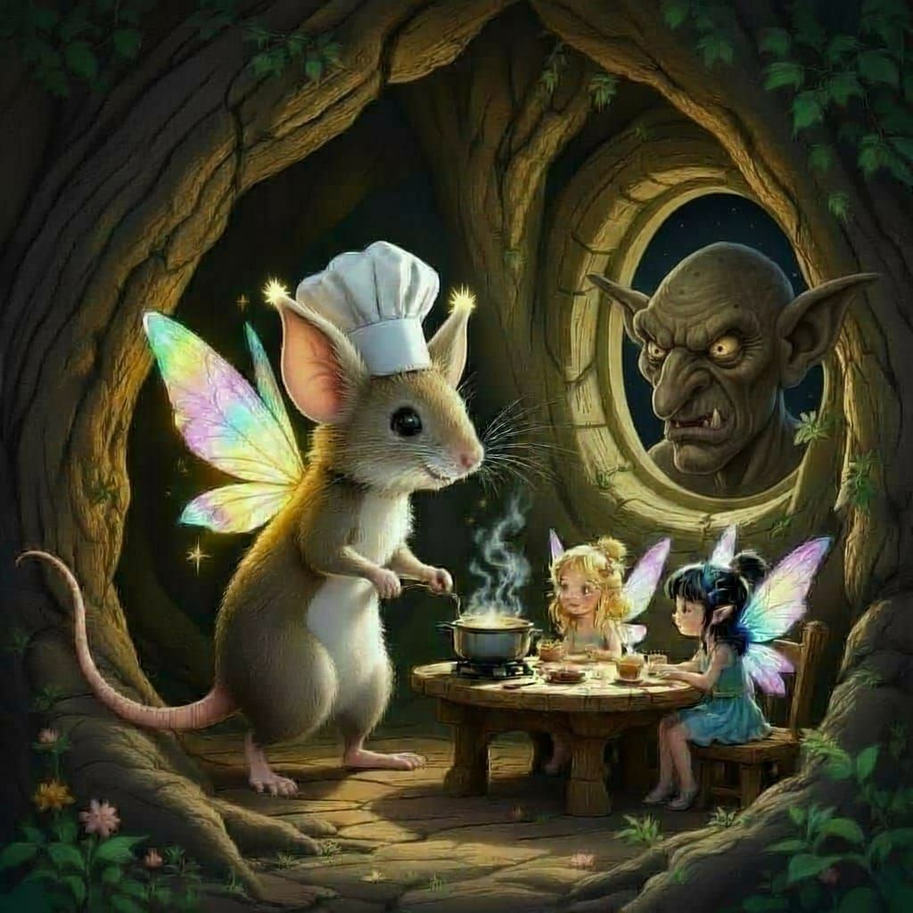 Mouse with ear tuft or lynx tip ears. The mouse walks on two legs and is as tall as a small child. The mouse also has a hairless tail except...