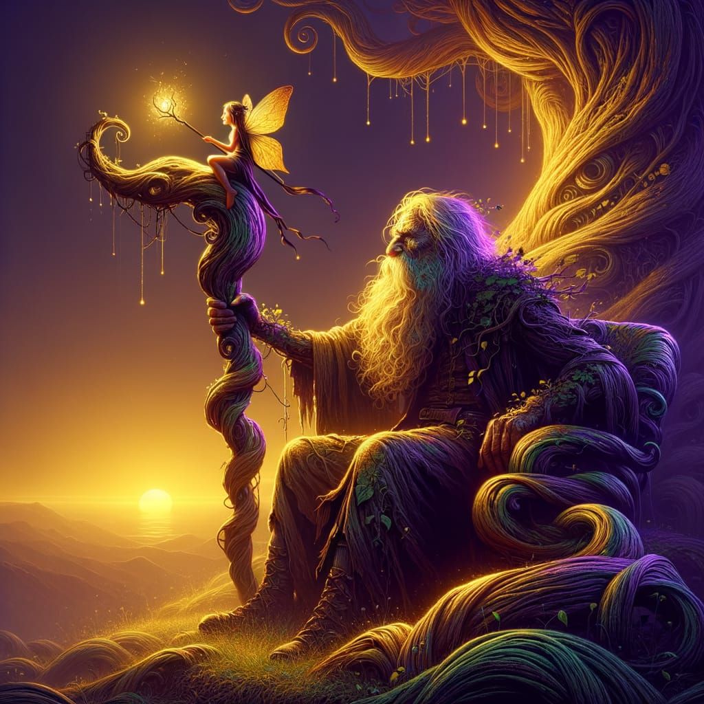 Macro photography of a tiny fairy sitting on the shoulder of an old wizard, he's holding an ancient staff ...  by @WINDWALKER