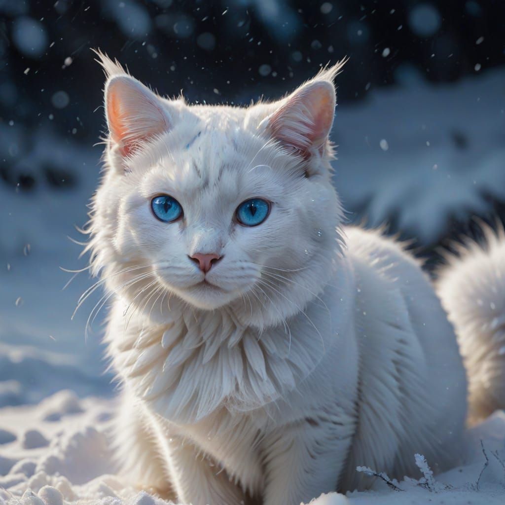 חתול לבן עם עיניים כחולות על שלג נראה אמיתי ומטורף ממש