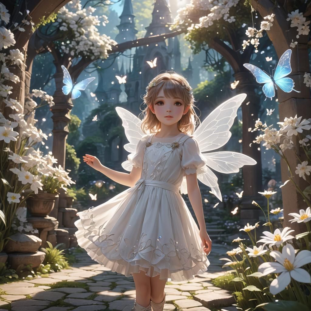 Little girl dressed in a white fairy dress in a magical sett...