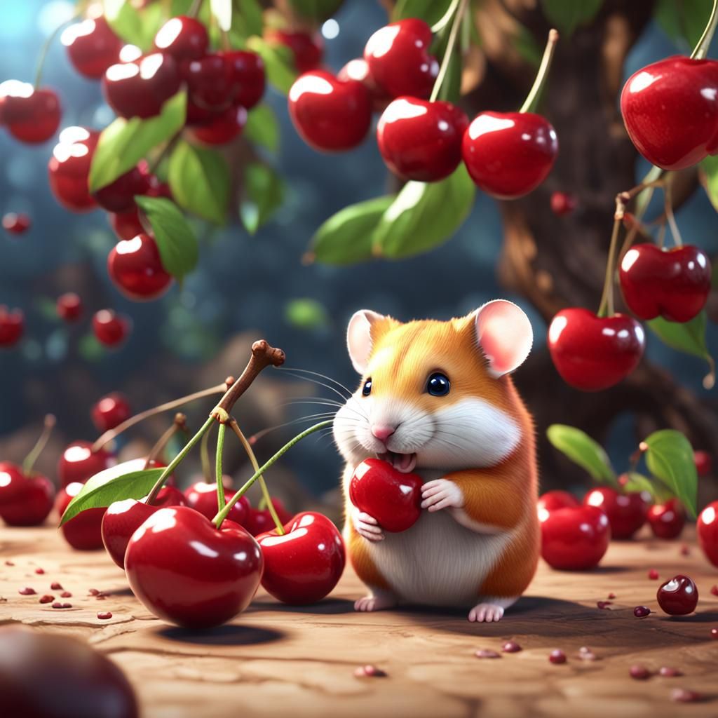 Cute hamster and a large cherry