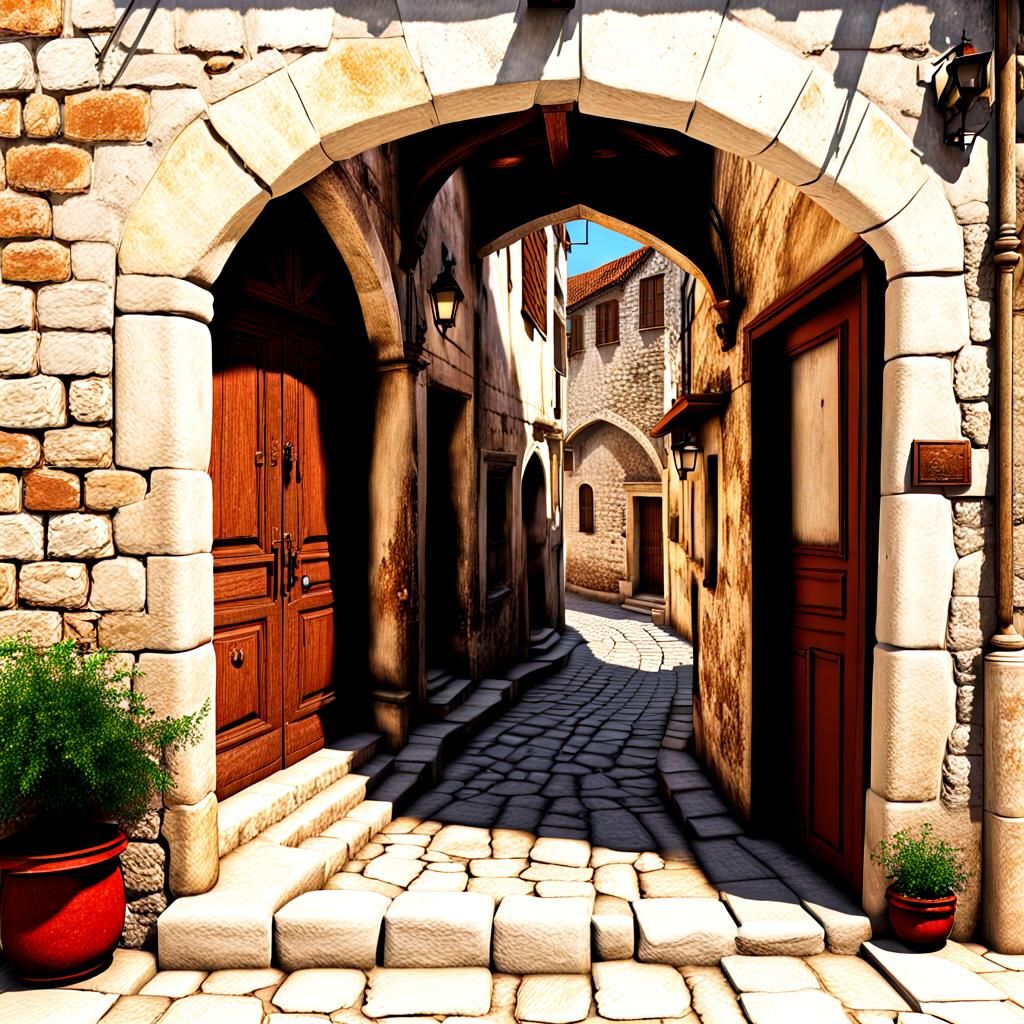 medieval residential street, poor part of town, slums,  door...