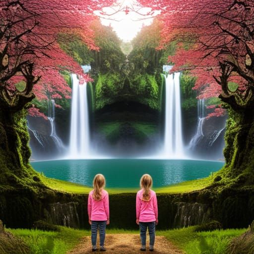 Two 9 years old twins looking at a landscape with mirrors, i...