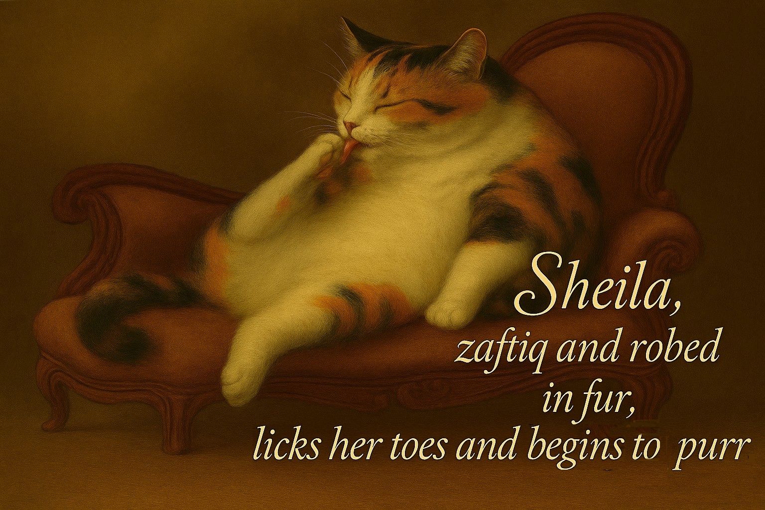 Sheila, zaftig and robed in fur, licks her toes and begins t...