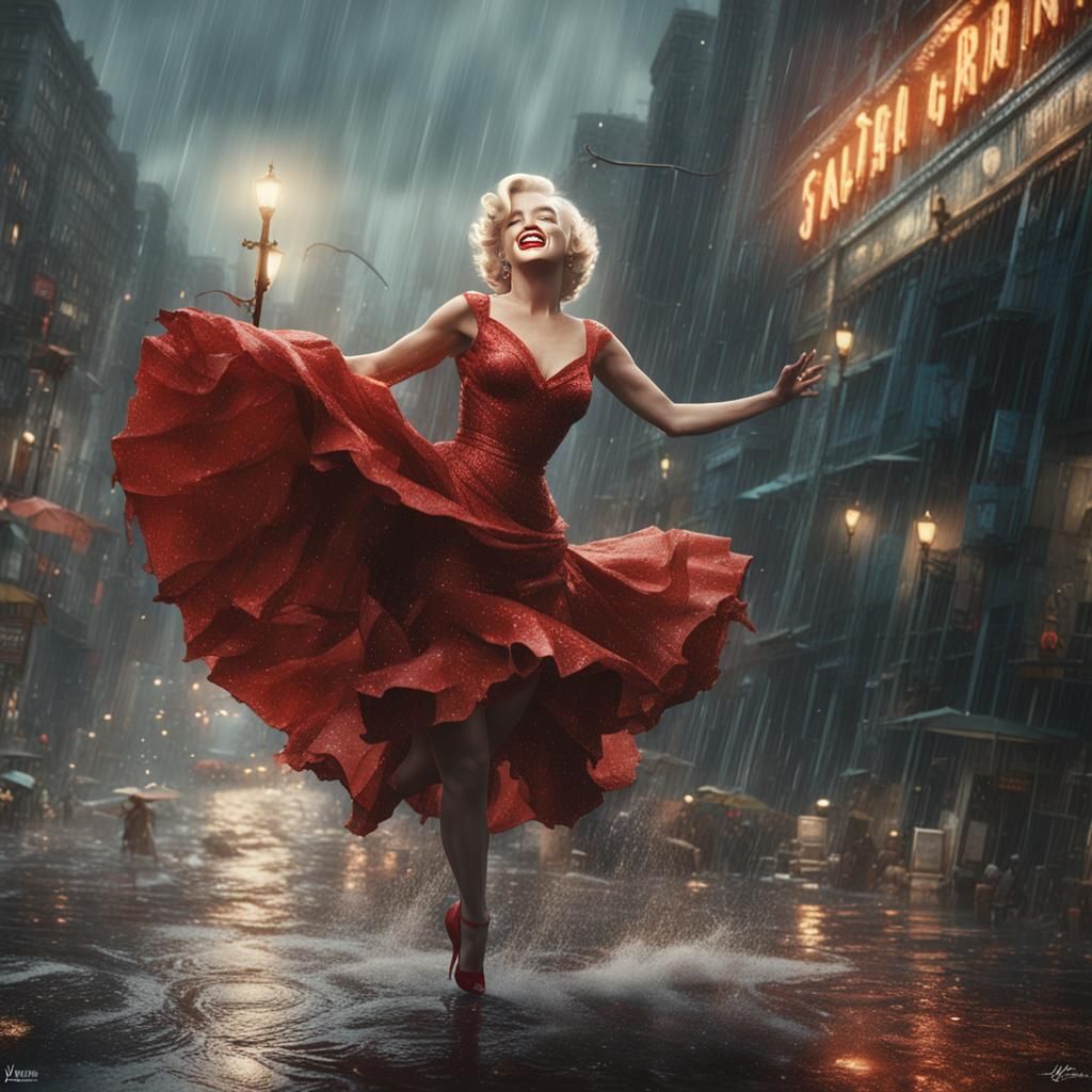 Marilyn Monroe Dancing in Rain: Detailed Matte Painting