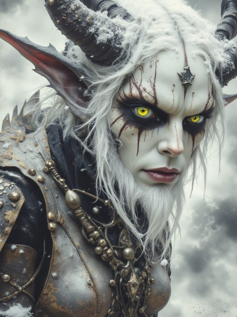 Sinister Demon Creature with Beautiful Eyes in Snowy Dark Wo...