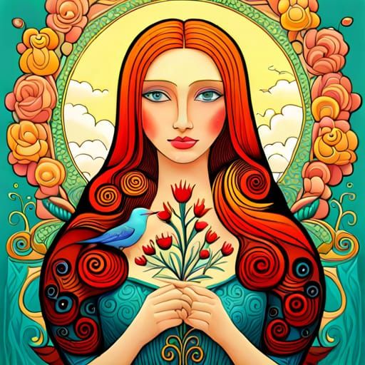 girl with birds, flowers, fairytale, magic realism, mysterious, vivid colors, Jennifer Lommers, Adrian Cox, Olga Kvasha ...
