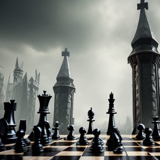 Close up of chess game, white and black gothic style, fallen...