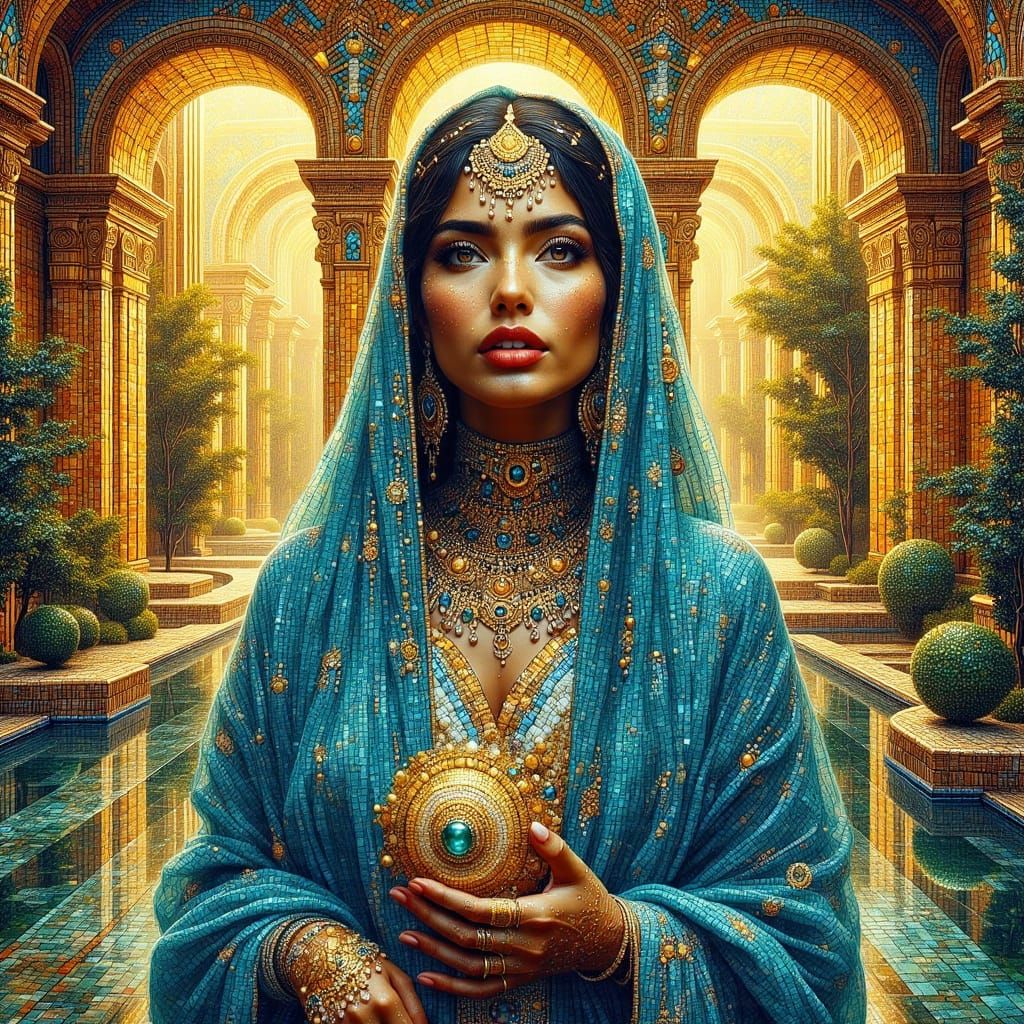 <lora:MOSAIC IN BEAUTY:1.0> A regal Persian goddess draped in a flowing silk-chiffon hijab that shimmers like liquid moonlight, every fold c...