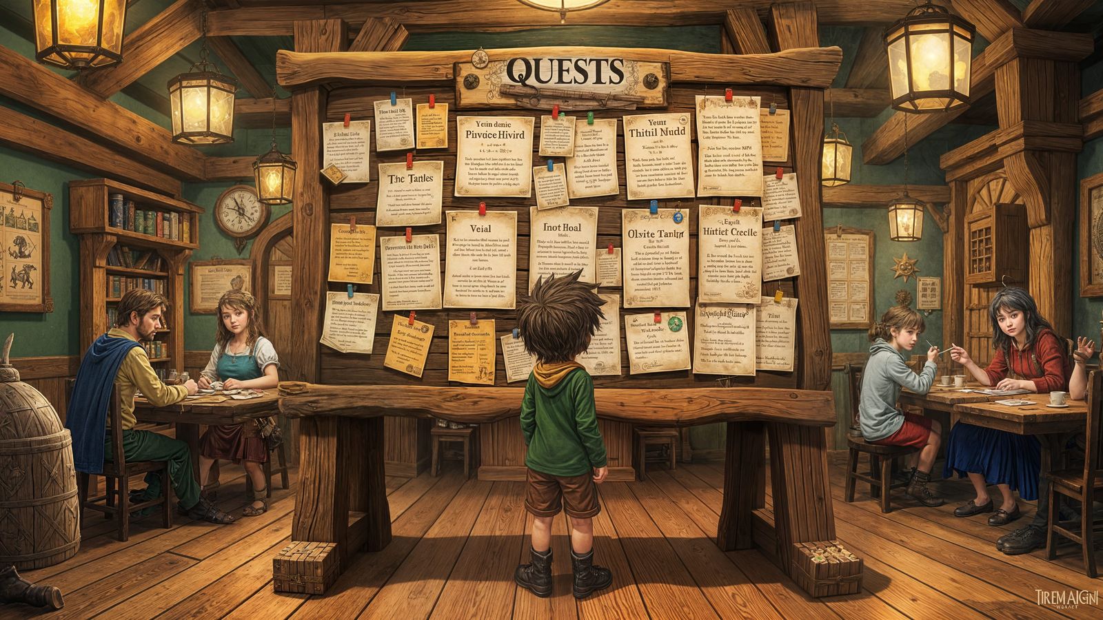young adventurer looking at quest board  by @Chib