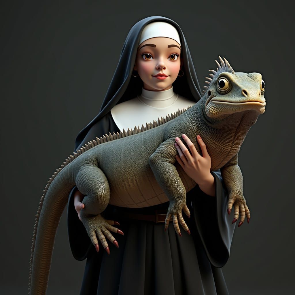 Nun Holds Majestic Iguana in Epic Cyberpunk Portrait