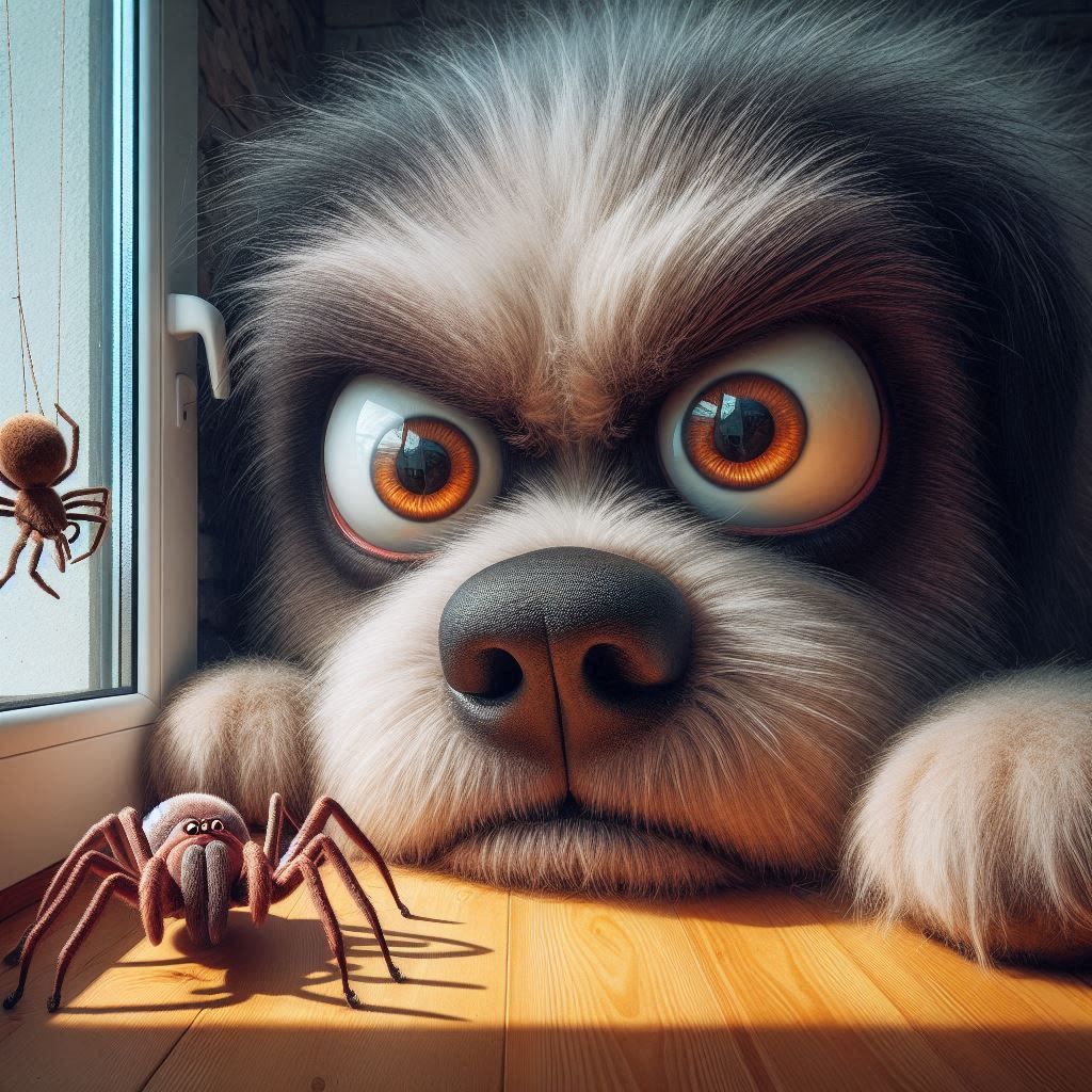Whimsical close-up huge dog, huge eyes focused frowning angrily and a huge spider on the windowsill. Crisp, sharp, focused, clear image, hig...