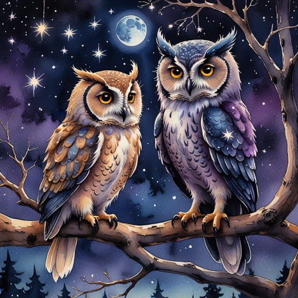 Two owls in the night.  by @Dragonrose9 