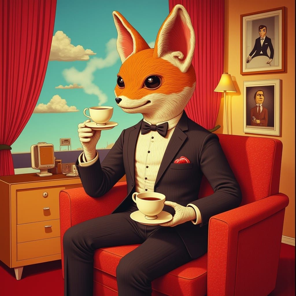 <lora:Pink Room Flux:1.0>
<lora:No Coffee 4 Androids:1.0>
Surreal scene from a candid 70s Technicolor sitcom,  Strange fox-like creature in ...