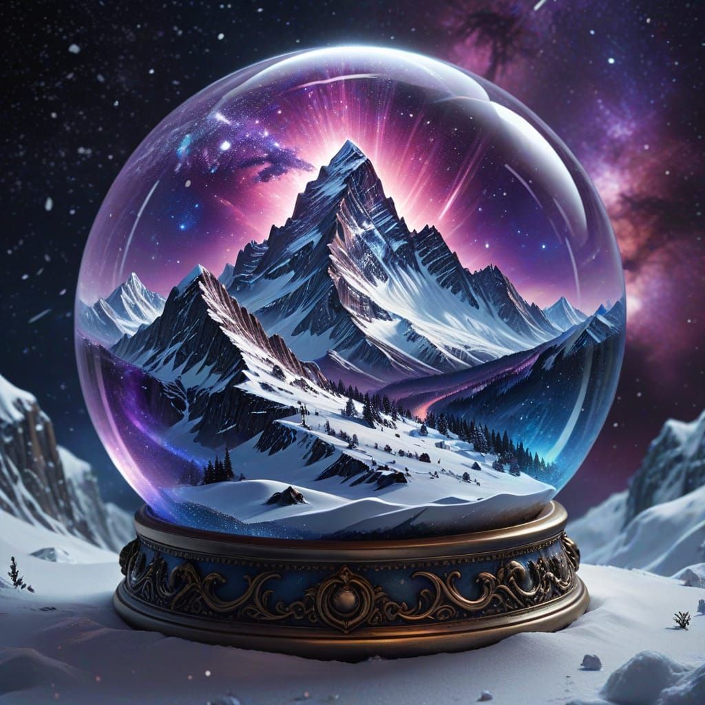 Crystal Snow Globe of Alpine Mountains in Cosmic Space