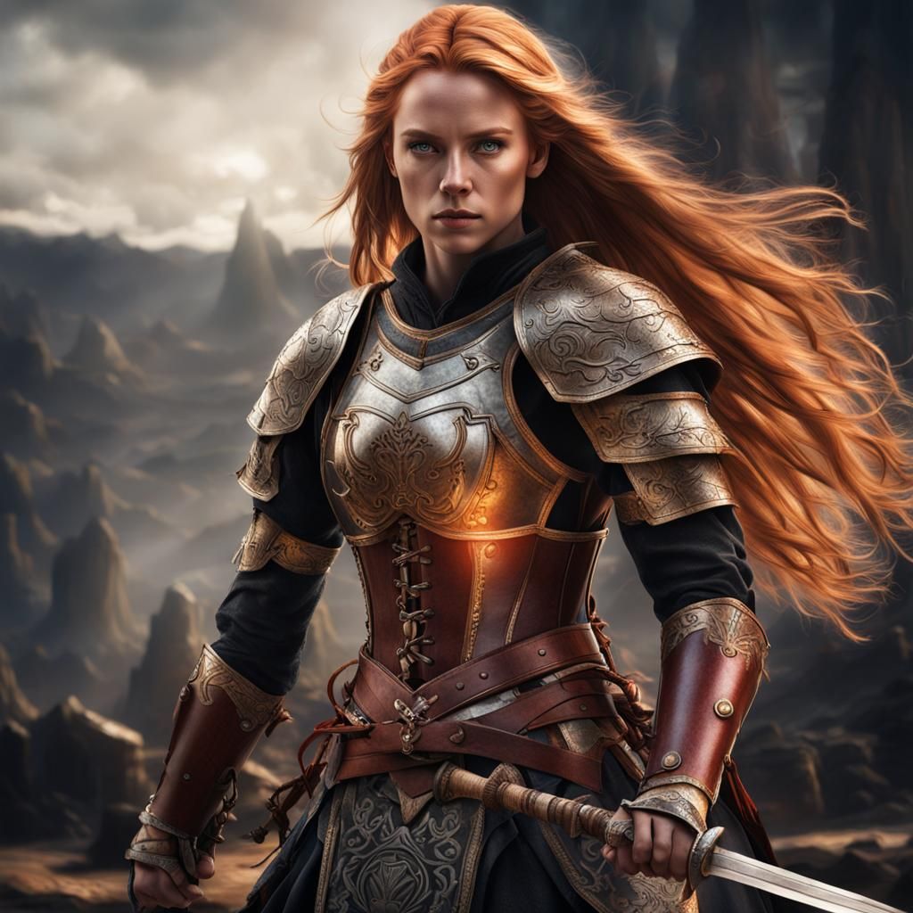 female warrior, long reddish blonde hair, corset leather armor, Light sword intricate details, HDR, beautifully shot, hyperrealistic, sharp...